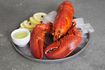 Red lobster served on a dark plate with lemon and sauce