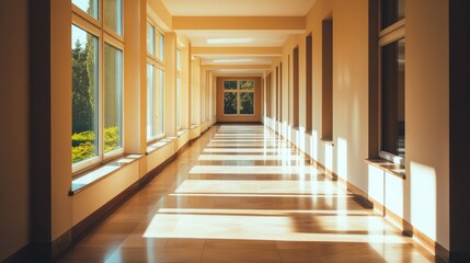 A pristine, sunlit hallway in a modern building, with sleek floors and large windows casting geometric shadows