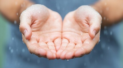 Fototapeta premium Open hands catching raindrops, symbolizing openness and receptivity to nature's gifts.