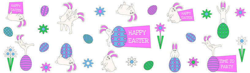 Perfect Happy Easter Sticker set isolated white background. Weird doodle Easter Bunny collection. Easter Egg with Easter Bunny icon pack. Vector illustration for poster card banner cover design. EPS10