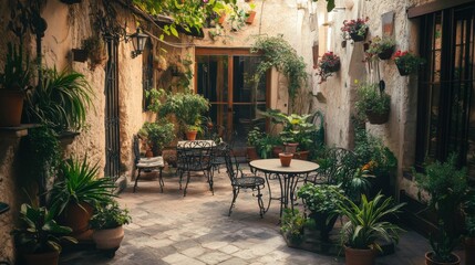 Fototapeta premium charming old courtyard filled with potted plants, wrought iron tables, bathed in warm afternoon light, perfect for a quiet escape