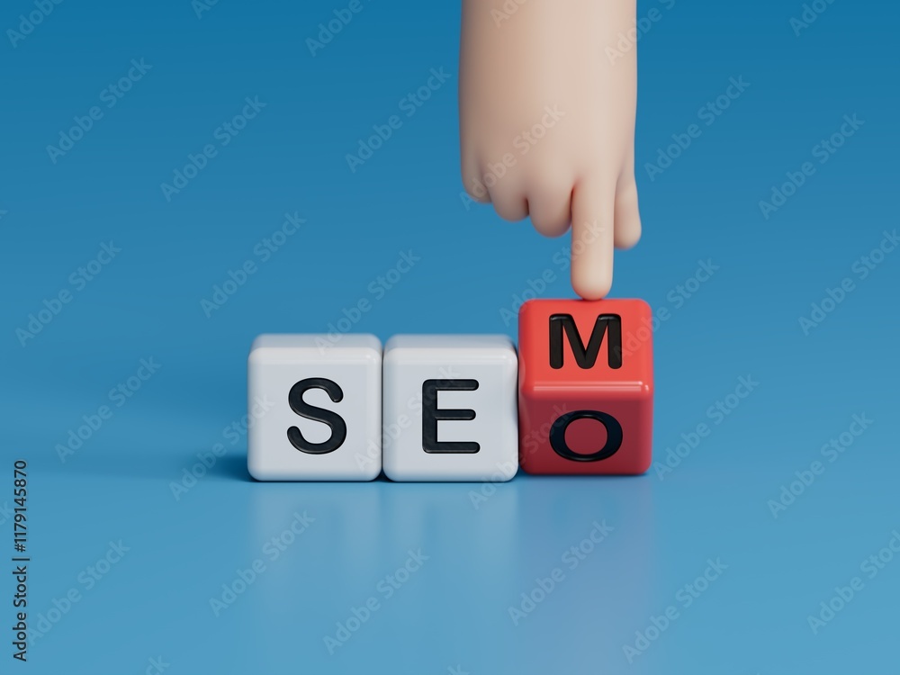 Poster seo and sem symbol. hand turns a cube and changes the word sem to seo.businessman hand. business and