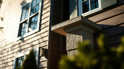 Fototapeta premium Close-up view of a light beige clapboard house exterior, showcasing two windows and a decorative stone column partially obscured by foliage. Warm sunlight illuminates part of the scene.