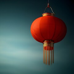 Obraz premium Majestic Crimson Lantern with Shimmering Golden Tassel Hanging Against Clear Blue Sky