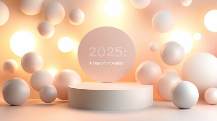 Fototapeta premium 2025 A Year of Innovation - Abstract 3D rendering with spheres and podium.