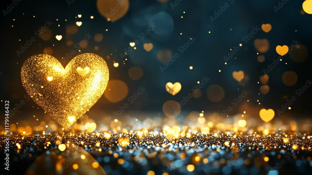 Poster sparkling golden heart shapes illuminate a dark background with shimmering effects and soft bokeh