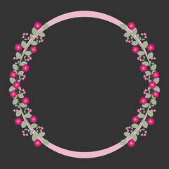 Circle Frame Or Wreath With Love Pink Fuchsia Flowers And Green Leaves