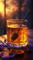 glass of honey with lavender flowers and honey dipper, warm lighting emphasizing natural and soothing atmosphere