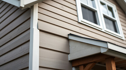 Close-up view of a house exterior showcasing light beige and darker gray horizontal siding, white trim, and a white-framed double-hung window.  A portion of a covered structure is also visible.