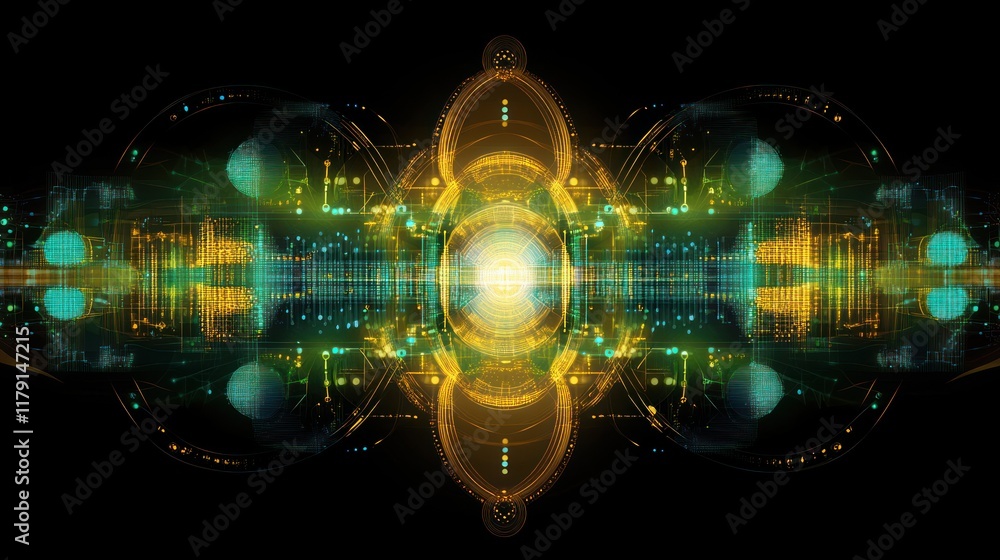 Poster abstract futuristic technology background with glowing circuits and symmetrical design.