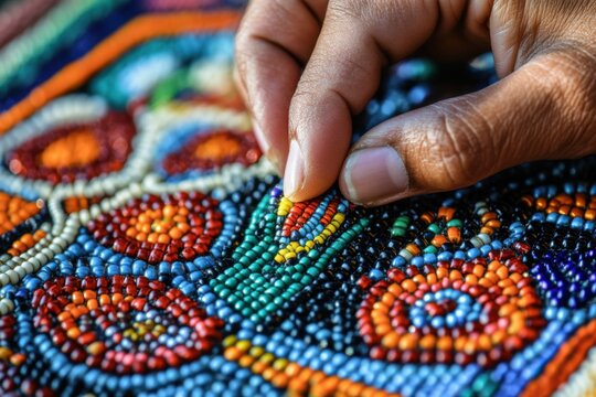 Close-up of vibrant beadwork being created, detailed patterns and traditional techniques, dynamic focus on cultural craftsmanship and artisan heritage