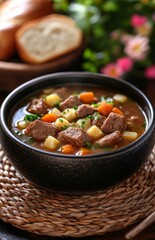 Thick and Creamy Meat Soup on Wicker Placemat