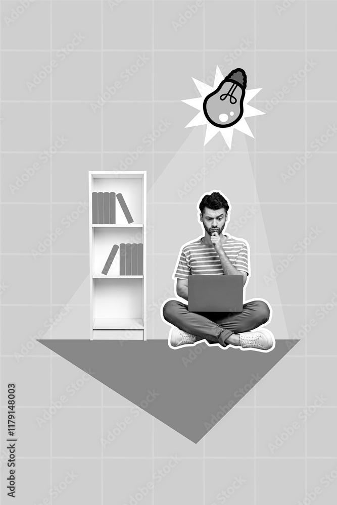 Poster Collage 3d image of pinup pop retro sketch of smart clever guy working apple samsung device isolated painting background