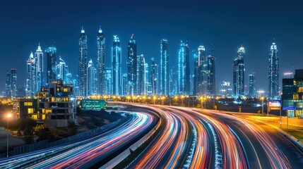 Fototapeta premium Dubai Skyline at Night: A Symphony of Lights and Motion