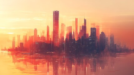 Fototapeta premium Urban sunset skyline cityscape digital art vibrant colors