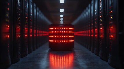 Red illuminated server data center.