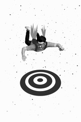 Vertical creative photo collage of handsome active man flying jetpack behind back target darts...
