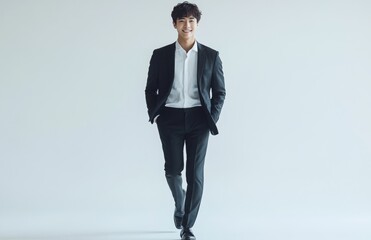 Confident Asian young man in suit walking and smiling outdoors