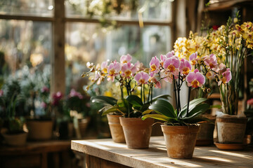Vintage Flower Shop with Moth Orchids in Rustic Terracotta Pots, Soft Golden Light