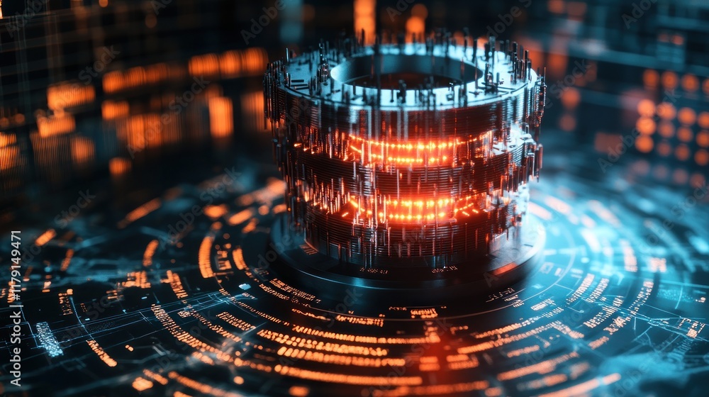 Aufkleber futuristic metallic core with glowing orange circuits on a digital interface.