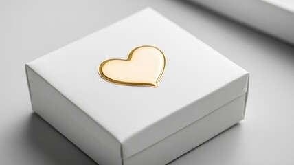 White gift box with golden heart emblem on lid Simple, elegant packaging suitable for special occasions