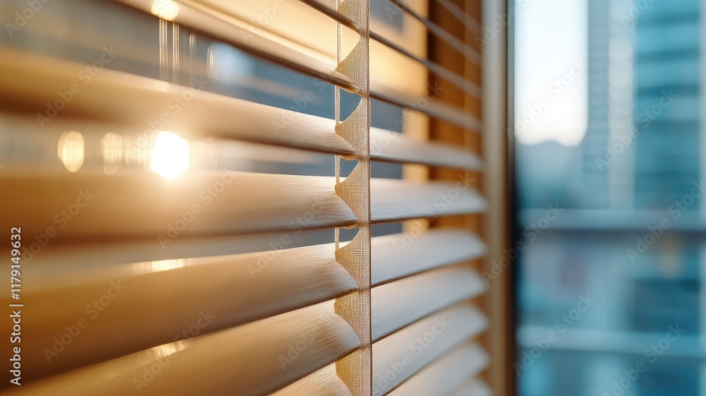 Poster sunlight filters through window blinds in modern building