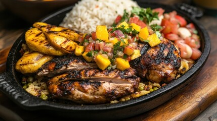 Fototapeta premium Grilled chicken with rice, plantains, mango salsa, and tomato salsa on a cast iron skillet.