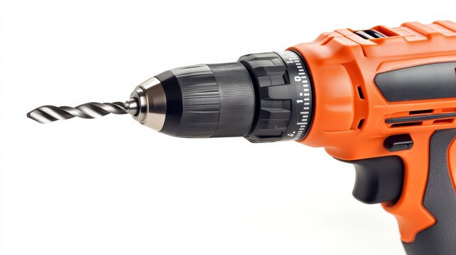 An electric drill with a bit inserted, isolated on a clean white background