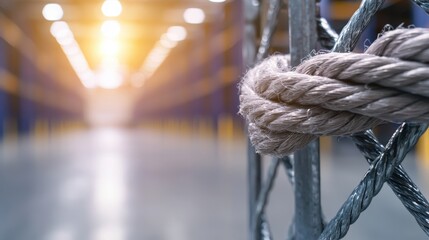 Close-Up of Rope Knot in Warehouse Setting