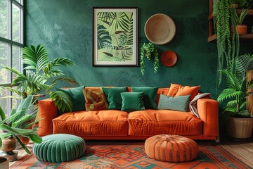 A stylish modern Bohemian living room interior design with green and orange tone colors.