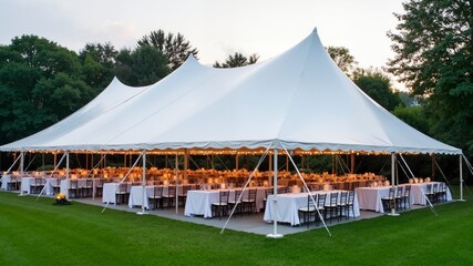 A large tent with tables and chairs set up for a wedding reception