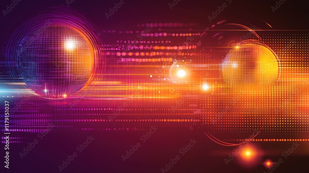 Poster abstract digital technology background with glowing spheres and data streams.