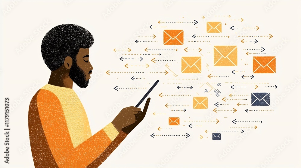 Poster freehand sketch of a person using a tablet or smartphone surrounded by envelope icons and flowing ar