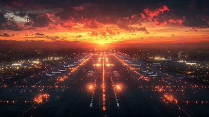 Fototapeta premium Stunning sunset over airport runway aerial view travel photography