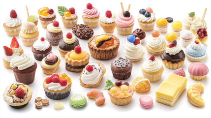 Pastry dessert icons. Vector ice cream, fruit cake and cupcake with fruits, vanilla tart with cream, chocolate roll pie. Vector candy, lollipop, marmalade fondant, ribbons for bakery, patisserie shop