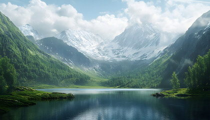 Fototapeta premium Serene Mountain Lake Nestled Among Majestic Peaks