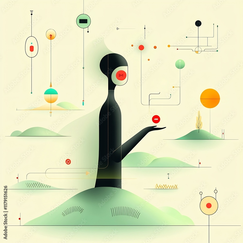 Poster minimalist line art depiction of a person interacting with global communication technology represent
