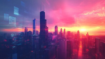 Fototapeta premium Urban sunset skyline view cityscape photography vibrant atmosphere