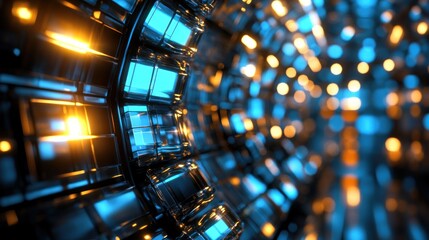 Abstract futuristic technology background with glowing blue and orange lights.