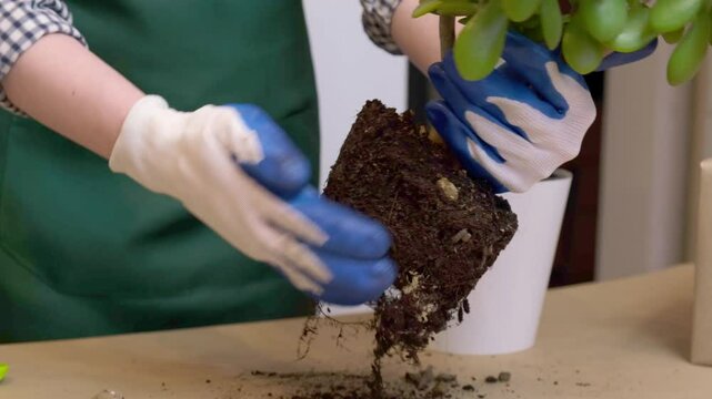 woman wearing gardening gloves cleans the roots of a houseplant from old soil before transplanting. Houseplant care, annual flower transplant.