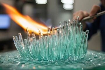 Glassworker carefully heating glass rods with a torch, creating delicate sculptures, detailed workshop background
