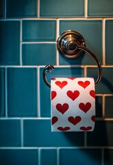 A roll of toilet paper with red hearts on it, hanging from the holder in front of blue tiles