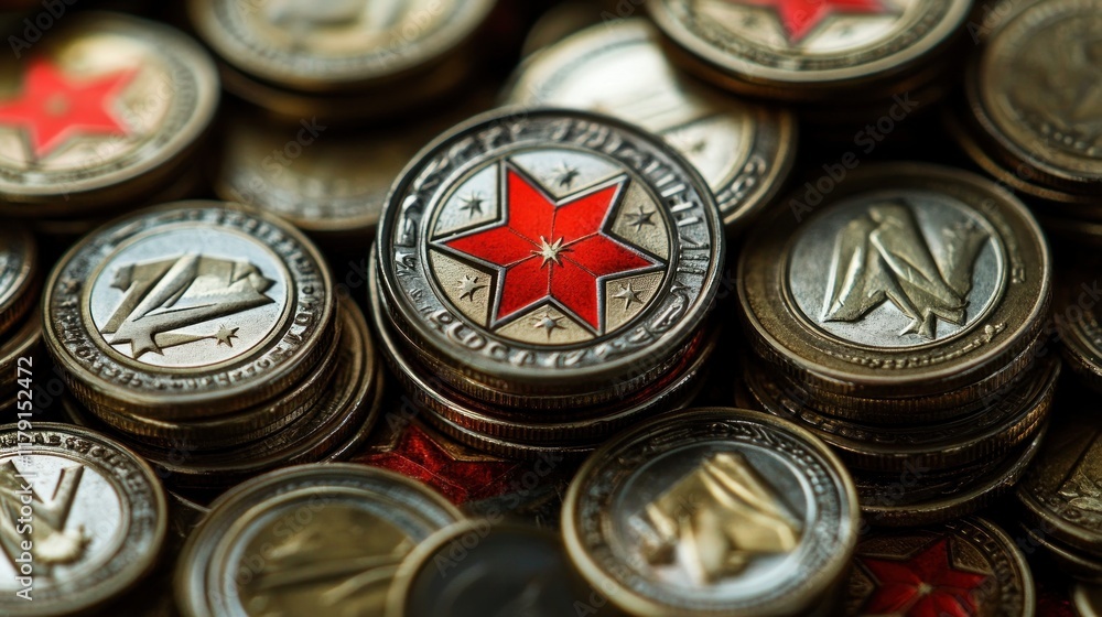 Poster close-up of many stacked metallic coins featuring a central coin with a red star.