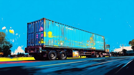 Vibrant Blue Container Truck in Motion: A Bold Artistic Impression