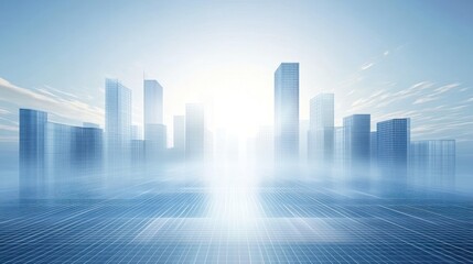 Fototapeta premium Futuristic city skyline with bright light and grid lines in the foreground.