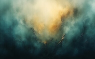 Misty, dark mountains with a glowing center.