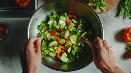 Overhead view of hands tossing a fresh salad in a metal bowl.