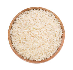 Raw rice in bowl isolated on white, top view