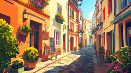 Naklejka premium Sunny cobblestone street with colorful buildings, flowers, and cafe.