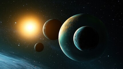 Planet orbiting a bright star in a vast cosmic landscape during a distant celestial event